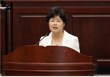 용산구의회 이미재 의원이 5분자유발언을 펼치는 모습./사진제공=용산구의회