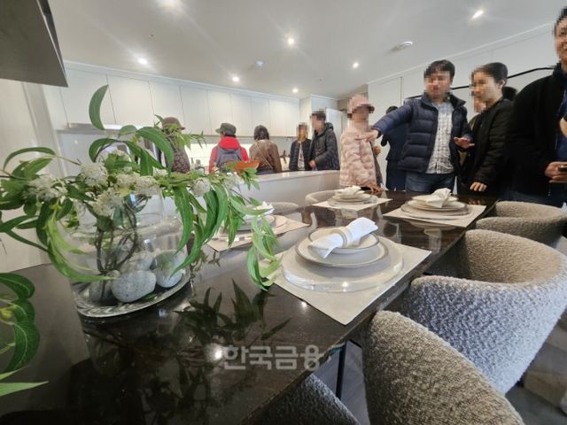 견본주택에서 방문객들이 유니트를 꼼꼼하게 체크하는 모습./사진=조범형 기자