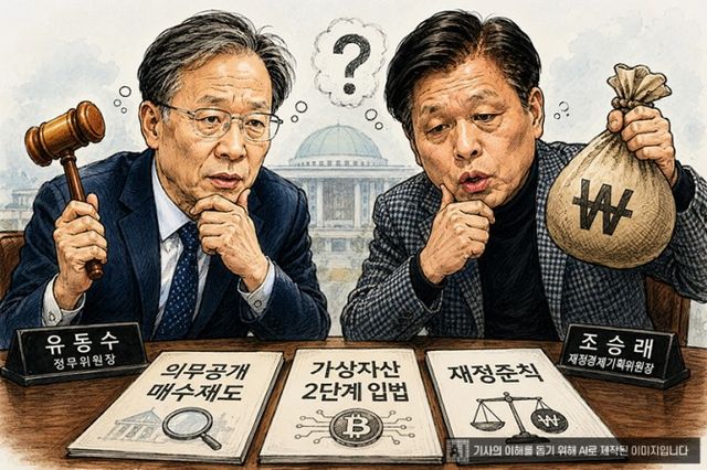 ▲유동수 정무위원장(왼쪽)과 조승래 재정경제기획위원장. 이들 앞에 놓인 세 가지 과제는 의무공개매수제도, 가상자산 2단계 입법, 재정준칙이다.