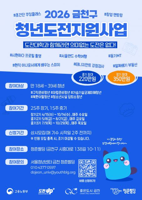 ‘2026 청년도전지원사업’ 참여자 모집 포스터(제공=서울청년센터 금천 청춘삘딩)