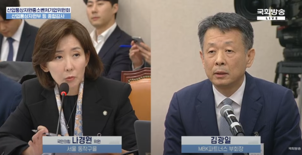 나경원 국민의힘 의원이 24일 국회 산자중기위 종합 국감에서 김광일 MBK파트너스 부회장에게 질의하고 있다. /국회방송