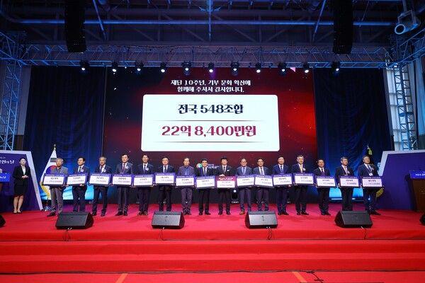 ‘2024&nbsp;신협 사회공헌의 날’&nbsp;행사에서 전국&nbsp;15개 신협 지역협의회장과 김윤식 이사장이 기부약정식을 진행하고 있다.&nbsp;/신협중앙회 제공