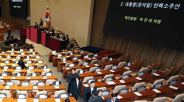 우원식 국회의장이 7일 오후 서울 여의도 국회에서 열린 제418회국회(정기회) 제17차 본회의에서 윤석열 대통령 탄핵소추안을 상정하자 안철수 국민의힘 의원을 제외한 당 소속 의원들이 본회의장을 나가고 있다. /사진=뉴시스