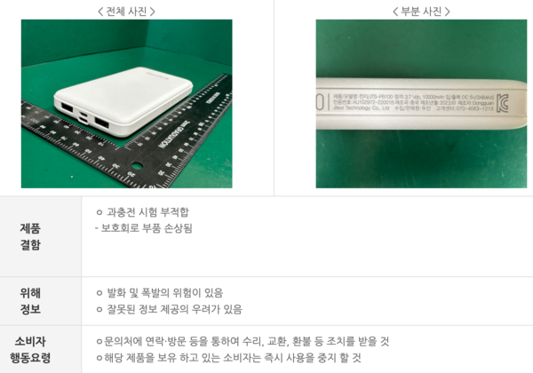 리콜명령된 전지(두인) 제품(충전지만 해당) /제품안전정보센터 갈무리