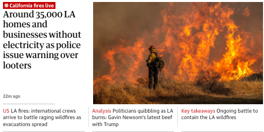 LA화재를 헤드라인으로 보도하고 있는 가디언지 갈무리