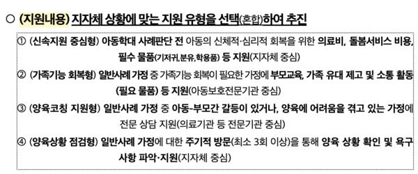 아동학대 예방‧조기지원 시범사업 4가지 지원내용 /보건복지부