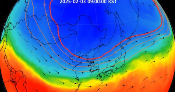 다음달 3일 기준 우리나라 상공 대기 흐름 추이. 다음주에는 북서쪽에서 짙은 푸른색의 찬 공기가 강하게 유입되며 전국적으로 강추위가 이어지겠다. /사진=기상청