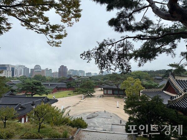 10일 창경궁 풍경.&nbsp;이날 궁 안에서의 흙을 밟는 소리가 유난히 좋다. 외국인 관광객들은 대부분 우비를 입고 자유롭게 다니고 있다. /사진=명은별