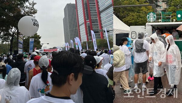 &nbsp;11일 오전 7시 여의도공원 문화의마당에서 열린 ‘2025 디즈니런 서울’ 마라톤 대회에 참가한 러너들로 붐비는 모습&nbsp;ⓒ포인트경제