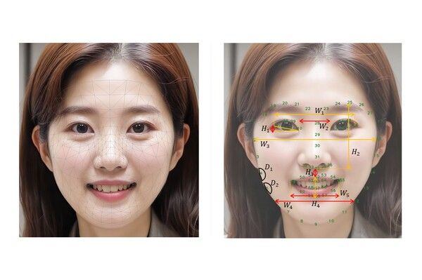 안면 특징점 추출 기술 적용 예시(좌), 얼굴 부위별 6가지 노화 지표 정의 예시(우)