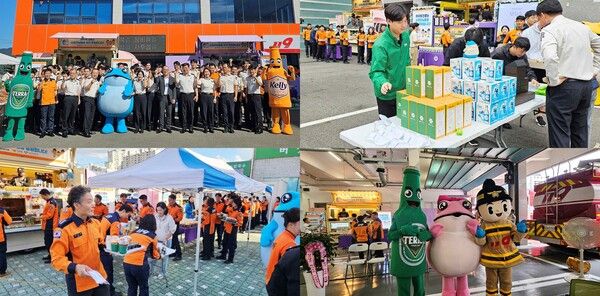 하이트진로는 올해 전국&nbsp;15개 소방서에 약&nbsp;1,800인분의 간식과 음료를 제공한&nbsp;‘감사의 간식차’&nbsp;행사를 소방공무원들의 뜨거운 관심과 호응 속에 성공적으로 마무리했다.