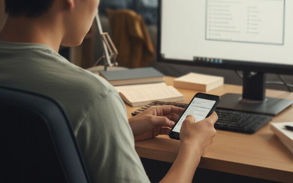 PC 앞에서 휴대폰을 보는 학생 / AI 생성 이미지