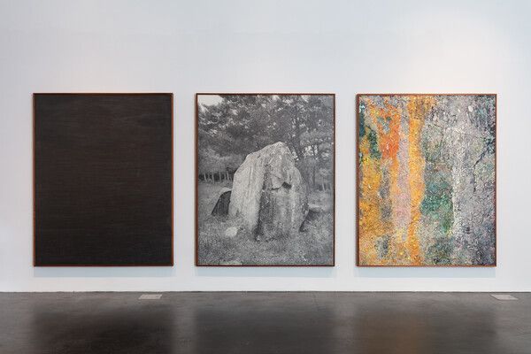 Gala Porras-Kim, , 2024, Graphite, color pencil and encaustic on paper, Triptych: 228.6 x 182.8 cm each (framed) © Gala Porras-Kim. Courtesy of the artist. Photo: Wes Magyar/MCA Denver
