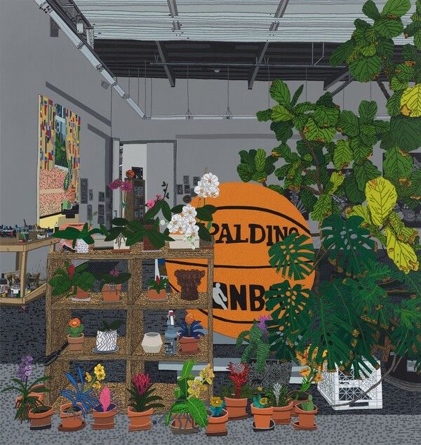 Jonas Wood, Bball Studio, 2021, Oil and acrylic on canvas, 279.4 x 264.2 cm. /아모레퍼시픽미술관 제공
