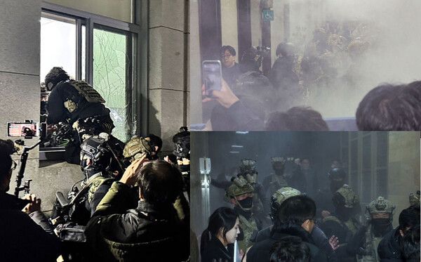 윤석열 대통령이 긴급 대국민 담화를 통해 비상계엄령을 발표한 가운데 4일 서울 여의도 국회 내부로 계엄군이 진입하고 있다. /사진=뉴시스