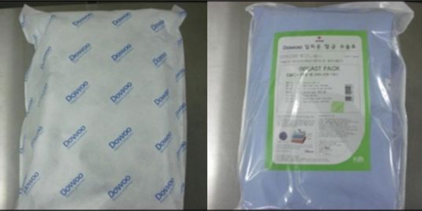 케이엠헬스케어가 유통한 비접촉식 일회용 드레이프에서 이물(곤충)이 발견돼 정부 회수 보고를 했다. 사진은 이번 회수 대상인 드레이프 포장 뒷면(왼쪽)과 앞면. /식품의약품안전처&nbsp;의료기기통합정보시스템