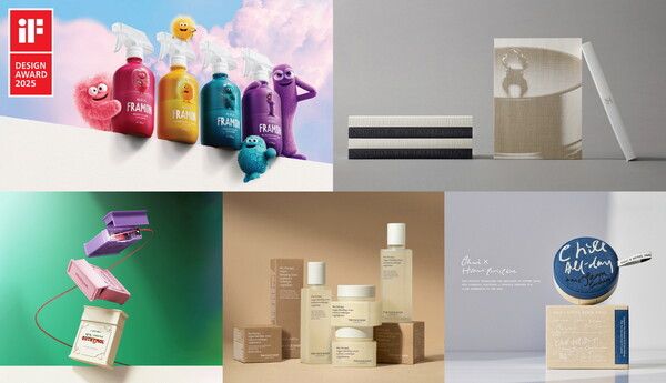 iF 디자인 어워드에서 수상한 LG 생활건강 제품. 맨 왼쪽 상단부터 시계방향으로 '프라몬', '더후 브랜드북', '오휘 얼티밋 핏 진쿠션 X 호텔827', '더테라피 비건', '유시몰 클래식 치실' [사진=LG생활건강](포인트경제)