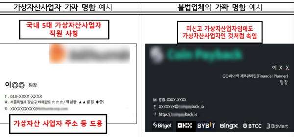 가상자산사업자 가짜 명함 예시, 불법업체의 가짜 명함 예시 /금융감독원