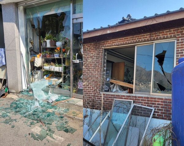 포천 한 마을에 떨어진 포탄으로 파손된 상가와 주택 /사진=뉴시스