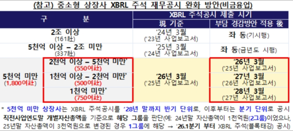 중소형 상장사 XBRL 주석 재무공시 완화 방안(비금융업) /금융감독원