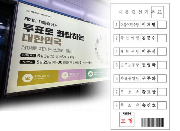 (왼쪽)지하철 4호선에 설치된 제21대 대통령선거 홍보물. (오른쪽) 재외투표에 사용되는 제21대 대통령선거 투표용지 모형/주일본국 대한민국 대사관 제공 갈무리(포인트경제)