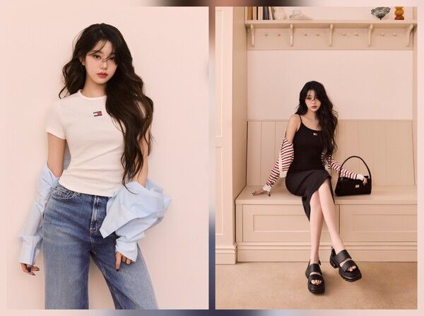 '타미 진스' 앰버서더 장원영이 2025 여름 컬렉션 옷을 입고 포즈를 취하고 있다. [사진=현대백화점그룹](포인트경제)