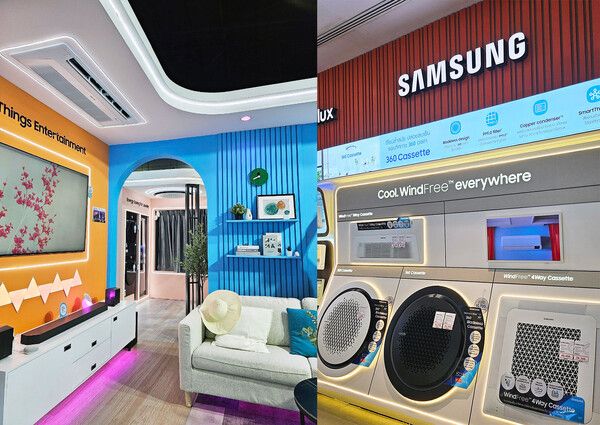 (왼쪽) 삼성전자 태국 법인에서 진행한 스마트싱스 전시에 가정용 시스템에어컨 1Way 카세트 제품이 전시된 모습, (오른쪽)태국 방콕에 위치한 삼성전자 매장에 가정용 시스템에어컨 1Way 카세트 제품이 전시된 모습 /삼성전자 제공