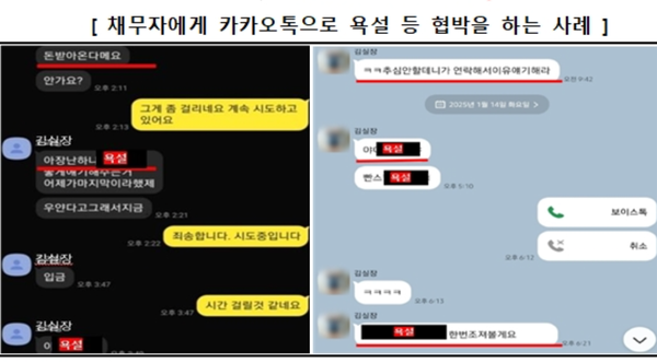 신고 대상 불법 대부채권추심 유형 사례 -채무자에게 카카오톡으로 욕설 등 협박을 하는 사례 /금융감독원