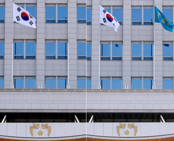 제21대 이재명 대통령 임기가 시작된 4일 서울 용산 대통령실 청사에 봉황기가 게양돼 있다. 왼쪽은 이날 봉황기 게양 전의 모습. /사진=뉴시스