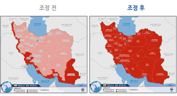 외교부의 이란에 대한 3단계 조치 발령 전후 비교 지도 /외교부