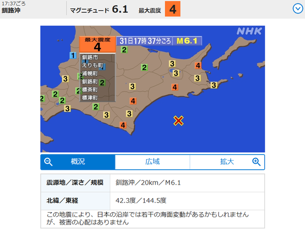 5월 31일 오후, 홋카이도 구시로 해역에서 규모 6.1 지진 발생/NHK 보도분 갈무리(포인트경제)