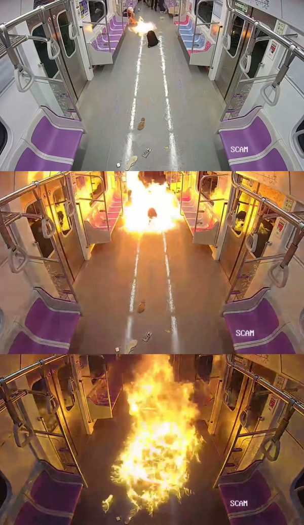 지난 달 31일 오전 8시 42분쯤 60대 남성 원 모 씨가 지하철 5호선 여의나루역과 마포역 간 터널 구간을 달리는 열차에 불을 지르고 있다. /서울남부지검