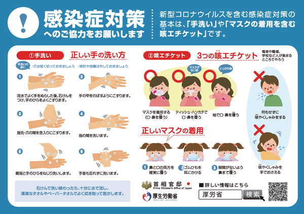 감염병 예방 수칙 안내 포스터. 손 씻기, 마스크 착용, 기침 예절이 강조된다/후생노동성 배포자료 갈무리(포인트경제)