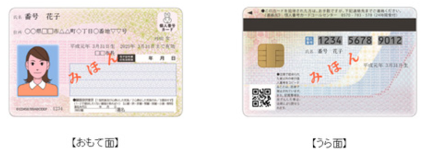 마이넘버카드 앞면과 뒷면 예시. 칩에는 전자증명서 기능이 탑재돼 있으며 5년마다 갱신이 필요하다/일본 총무성 홈페이지 갈무리(포인트경제)