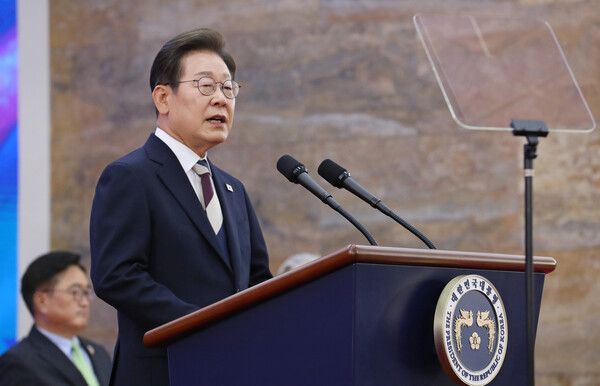 이재명 대통령이 4일 서울 여의도 국회 로텐더홀에서 열린 제21대 대통령 취임 선서식에 참석해 취임사 하고 있다. /사진=뉴시스