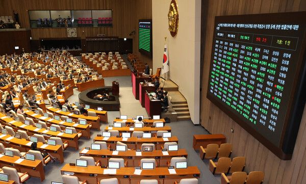 5일 오후 서울 여의도 국회에서 열린 제426회 국회(임시회) 제1차 본회의에서 윤석열전대통령등에의한내란·외환행위의진상규명을위한특별검사임명등에관한법률안이 통과되고 있다. /사진=뉴시스