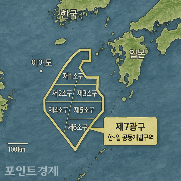 「제7광구」 위치도 – 한·일 양국이 공동개발에 합의한 해역. 중간선을 기준으로 일본 측에 치우쳐 있어 협정의 형평성 문제가 꾸준히 제기되고 있다/포인트경제