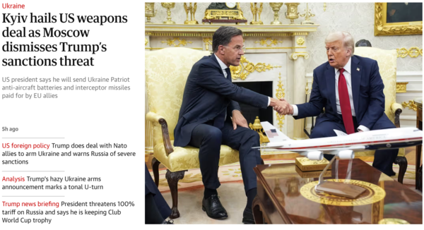 키이우, 트럼프의 제재 위협 일축한 모스크바에 미국 무리거래 환영 /15일자 가디언지 갈무리