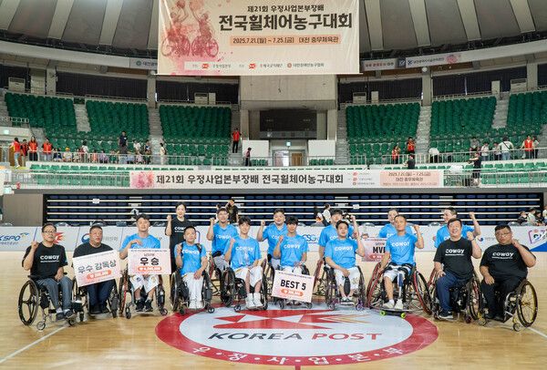 코웨이 블루휠스 휠체어농구단이 ‘제21회 우정사업본부장배 전국휠체어농구대회’에서 우승을 차지했다. 코웨이 블루휠스 선수들과 관계자들이 기념촬영을 하고 있다.