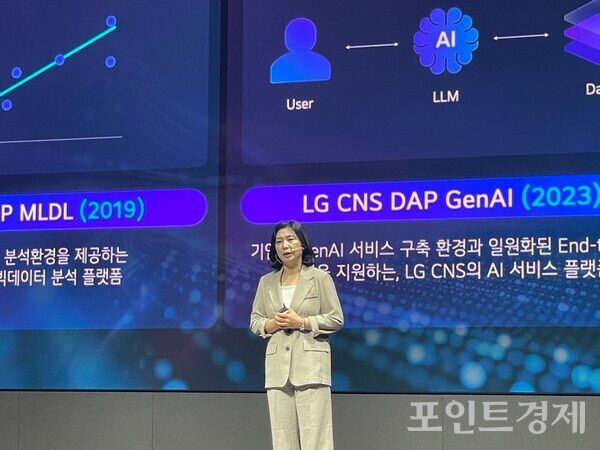 LG CNS AX 미디어데이에서 LG CNS GenAI사업담당 임은영 담당이 기업용 에이전틱 AI 플랫폼 '에이전틱웍스'를 소개하고 있다. (포인트경제)