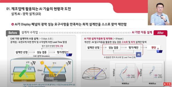 이희동 LG디스플레이 설계AI팀 팀장이 광학 설계에서 활용되는 AI 기술에 대해 설명하고 있다. [사진=LG디스플레이 온라인 세미나 유튜브 캡처] (포인트경제)