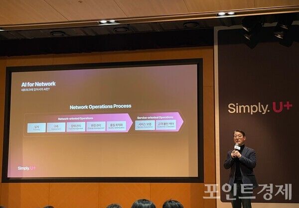 권준혁 LG유플러스 네트워크부문장이 10일 열린 기자간담회를 진행하고 있다. (포인트경제)