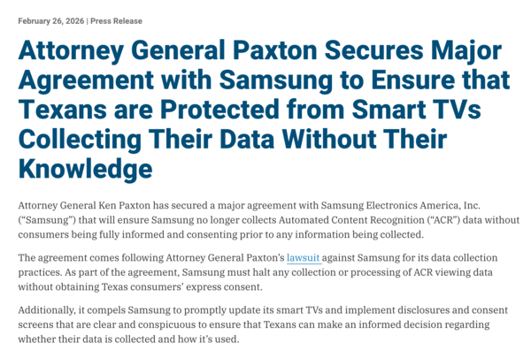 '텍사스 주 법무장관 팩스턴은 삼성과 중요한 합의를 이끌어내어 스마트 TV가 사용자 모르게 개인 정보를 수집하는 것을 막아 텍사스 주민들을 보호할 수 있도록 했다.' /텍사스주 법무부 홈페이지 갈무리