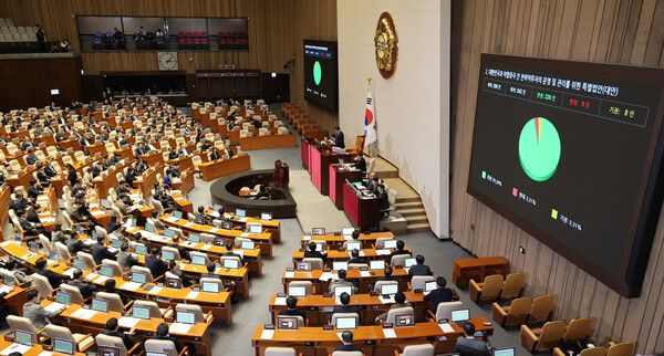 2일 오후 서울 여의도 국회에서 열린 제433회국회(임시회) 제1차 본회의에서 대한민국과 미합중국 간 전략적투자의 운영 및 관리를 위한 특별법안(대안)이 재적 295인, 재석 242인, 찬성266인, 반대 8인, 기권 8인으로 가결되고 있다. /사진=뉴시스
