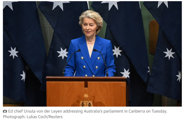 우르줄라 폰 데어 라이엔 교육부 장관이 화요일에 캔버라에서 열린 호주 의회에서 연설하고 있다. /가디언지 갈무리