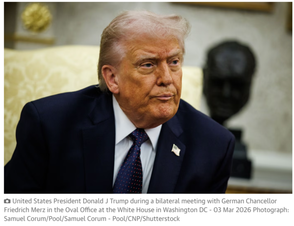 도널드 J. 트럼프 미국 대통령이 지난 3일 워싱턴 DC 백악관 집무실에서 프리드리히 메르츠 독일 총리와 양자 회담을 갖고 있다. /가디언지 갈무리