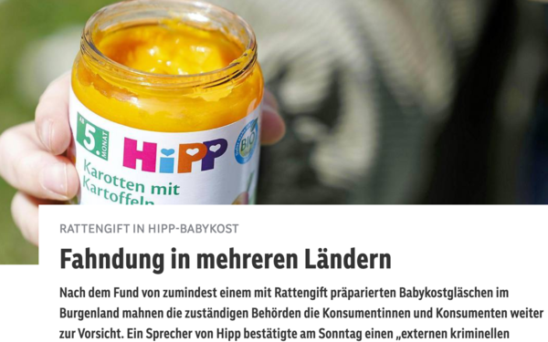 '히프 이유식에 쥐약이 들어있다' /오스트리아 국영 방송(ORF) 갈무리