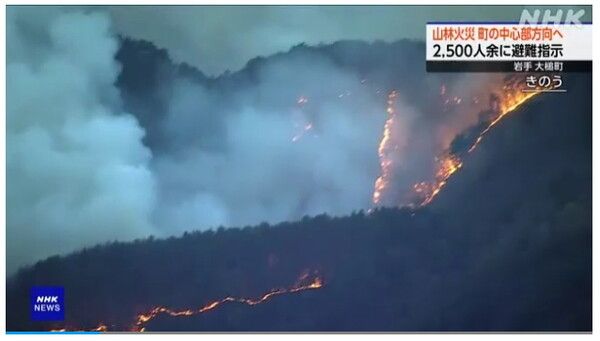 일본 이와테현 오쓰치정에서 발생한 산불이 산림을 따라 확산되고 있다/NHK 보도화면 캡처(포인트경제)