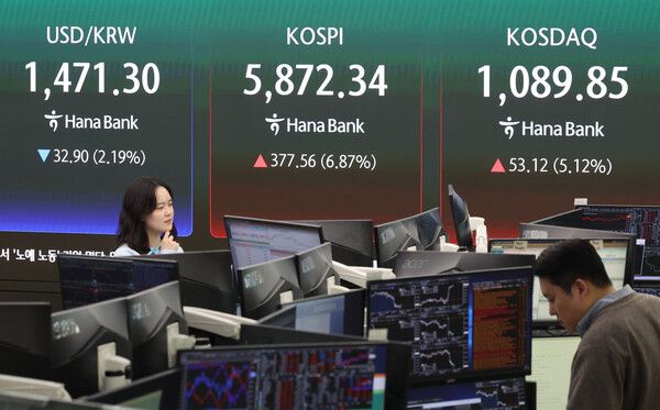 8일 오후 서울 중구 하나은행 딜링룸 /사진=뉴시스