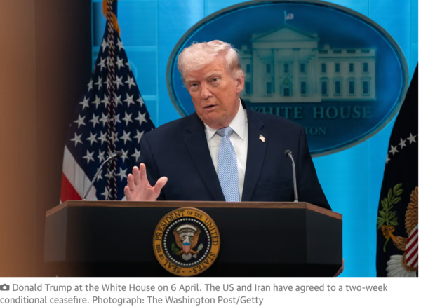 도널드 트럼프 대통령이 지난 6일 백악관에서 연설하고 있다. 미국과 이란은 2주간의 조건부 휴전에 합의했다. /가디언 갈무리